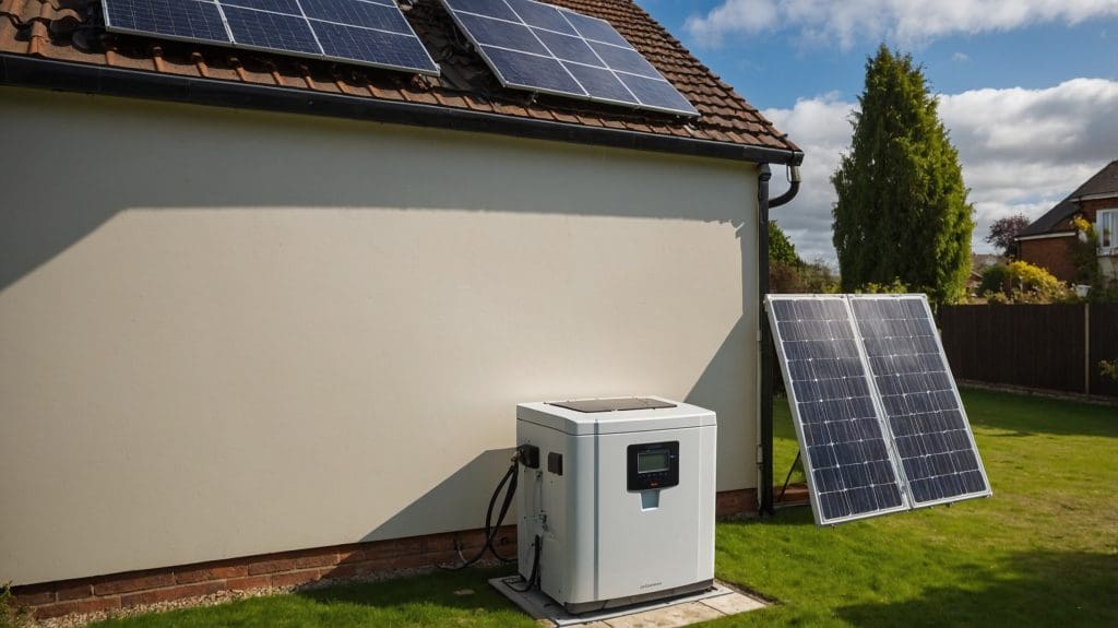 Image of a residential home with solar panels installed on the roof and an additional ground-mounted solar panel system next to a white battery storage unit in the garden.